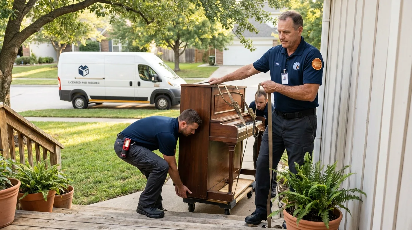 Licensed piano movers securing grand piano in Kelseyville, CA