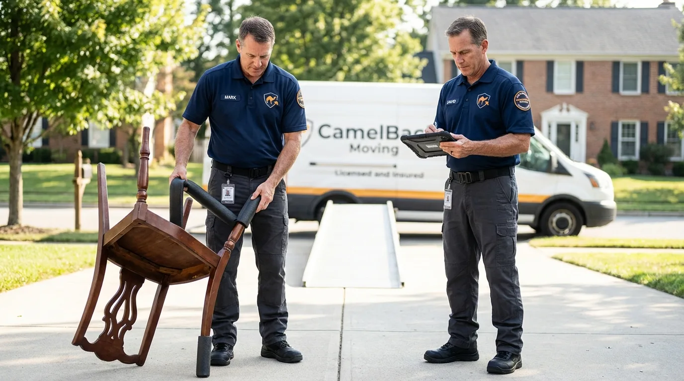 Movers inspecting furniture for damage prevention before loading in Kelseyville, CA