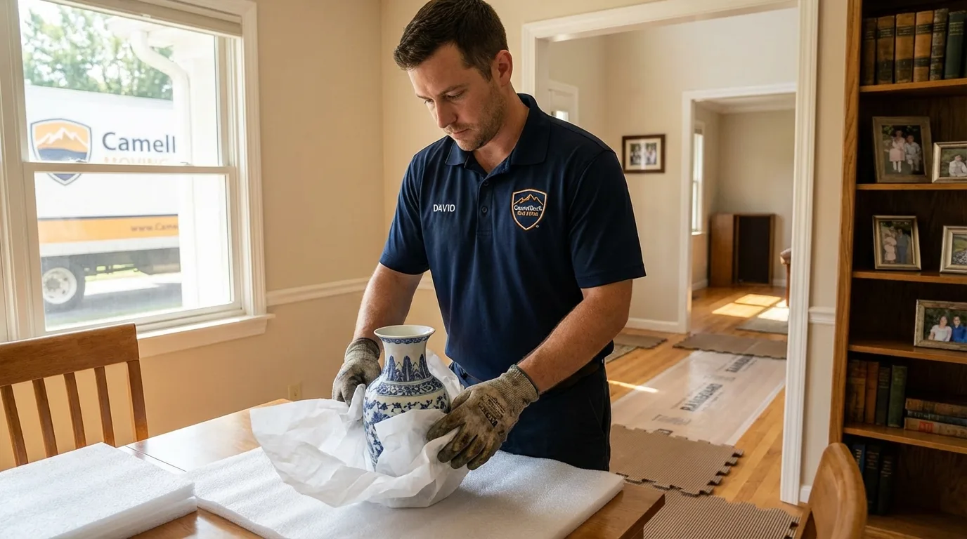 Professional crew carefully wrapping antique vase for senior downsizing move in Kelseyville, CA